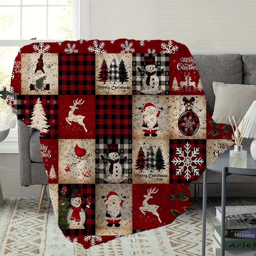 1pc Christmas Snowman And Reindeer Pattern Flannel Blanket, Soft Comfortable Warm, Red And Black Plaid Design, All-Season Blanket, Warm Cover, Multiple Sizes Available, Suitable for Living Room Sofa, Bedroom, Reading Corner, Holiday Decor