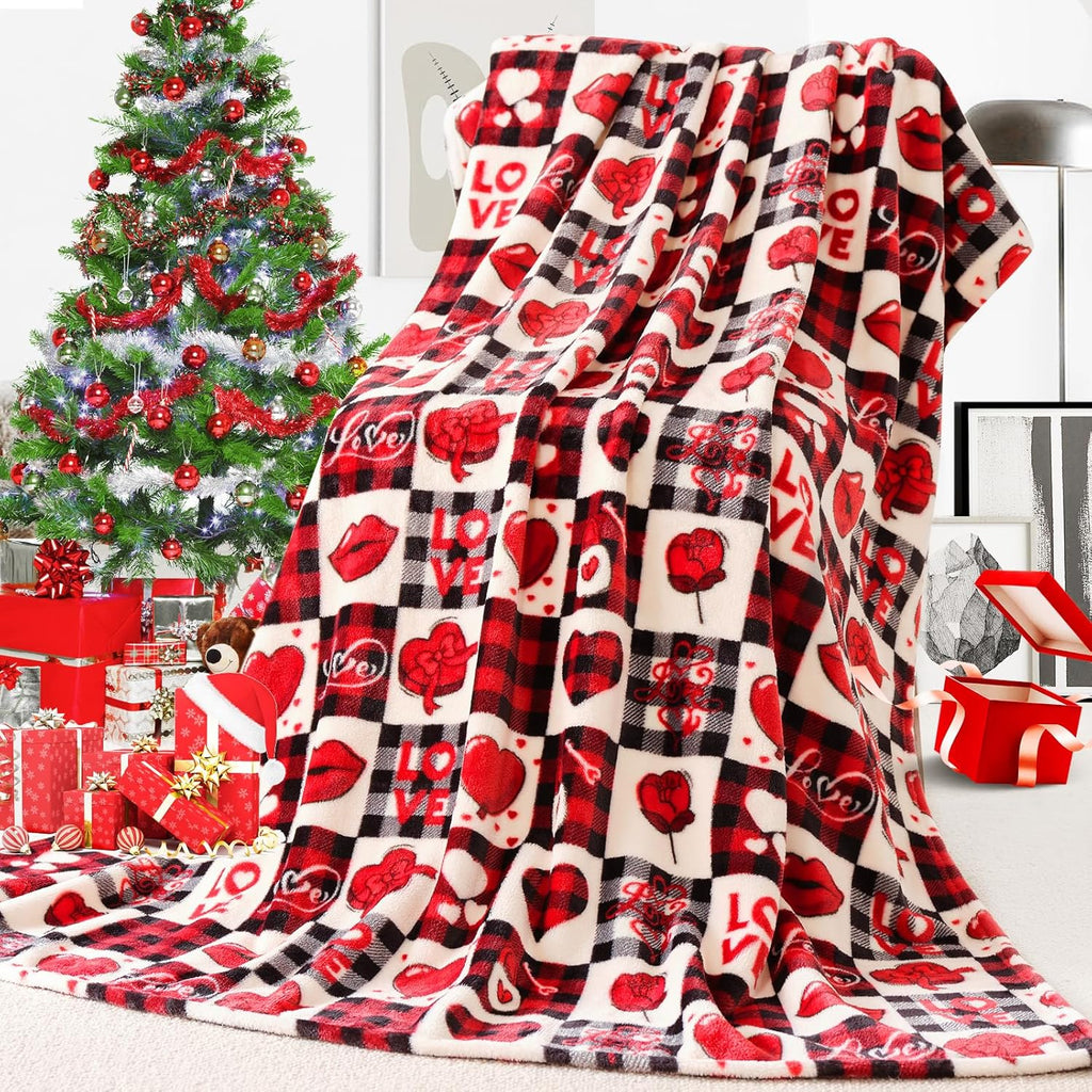 Valentine's Day Gift Blanket for Mom, Wife- Red Pattern Throw for Couch, Sofa or Bed- Decorative Plaid Luxury Flannel Lap Blanket- Super Cozy Comfy