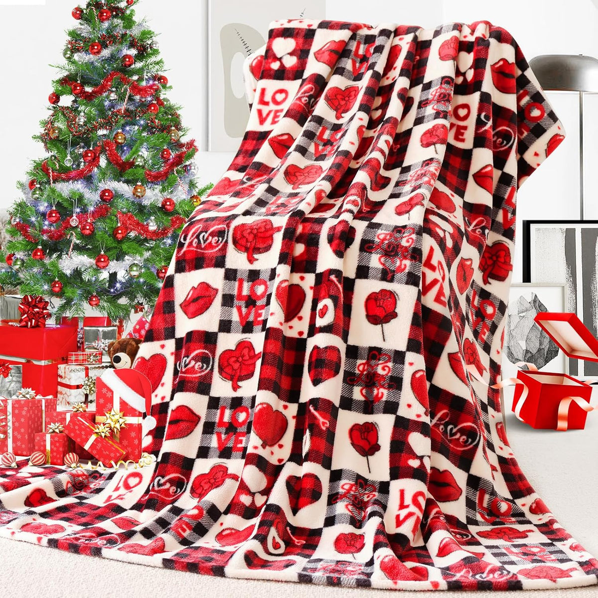 Valentine's Day Gift Blanket for Mom, Wife- Red Pattern Throw for Couch, Sofa or Bed- Decorative Plaid Luxury Flannel Lap Blanket- Super Cozy Comfy