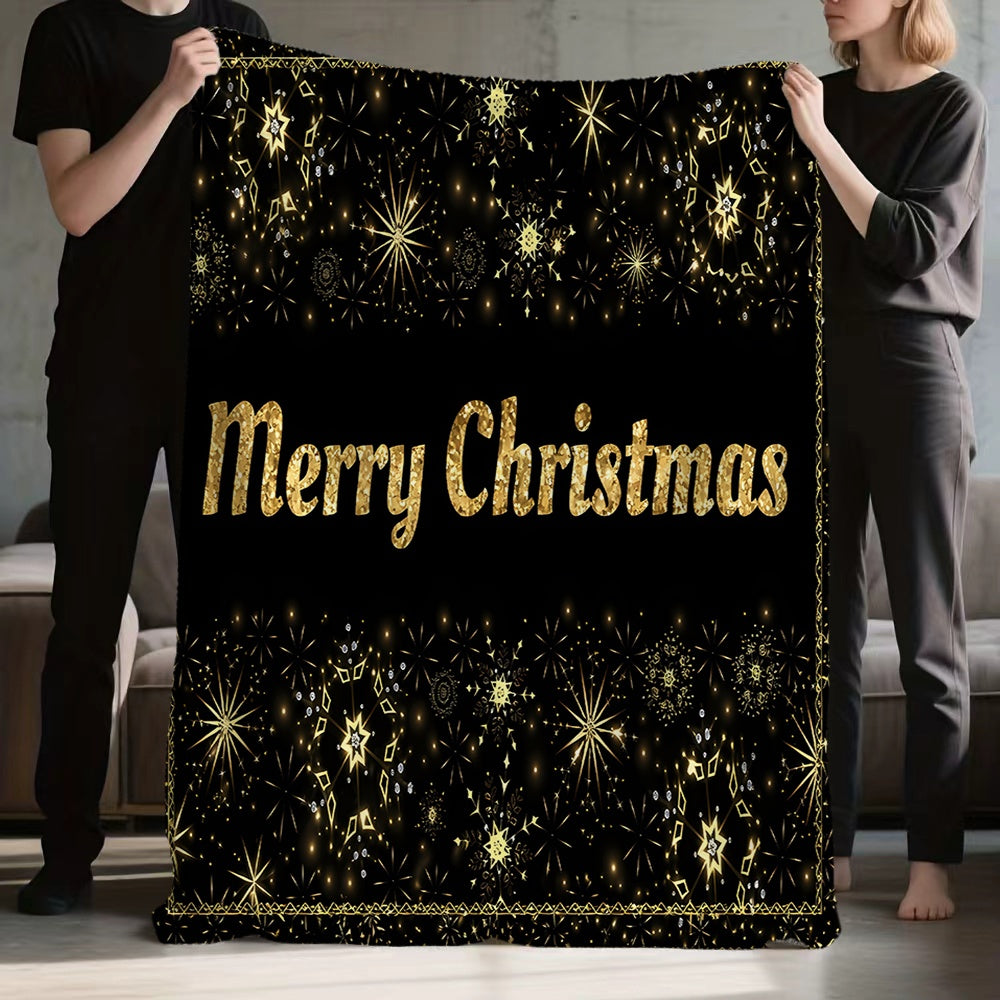 1pc Christmas Golden Fireworks And Snowflakes Pattern Merry Christmas Design Black Flannel Blanket, Soft Comfortable Warm, All-Season Blanket, Warm Cover, Suitable for Living Room Sofa, Bedroom, Casual Reading, Holiday Decor
