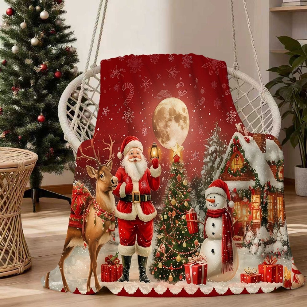 1pc Santa Claus And Reindeer Snowman Theme Red Flannel Blanket, Soft Comfortable Warm, Festive Design, All-Season Blanket, Warm Cover, Multiple Sizes Available, Suitable for Living Room Sofa, Bedroom, Reading Corner, Holiday Parties