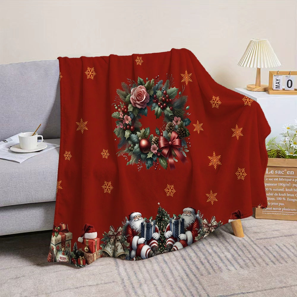 1pc Christmas Wreath and Santa Claus Themed Red Flannel Blanket, Soft, Comfortable, and Warm, Festive Design, All-season Universal Throw, Warm Lap Blanket, Multiple Sizes Available, Suitable for Living Room Sofas, Bedroom, Reading Nooks