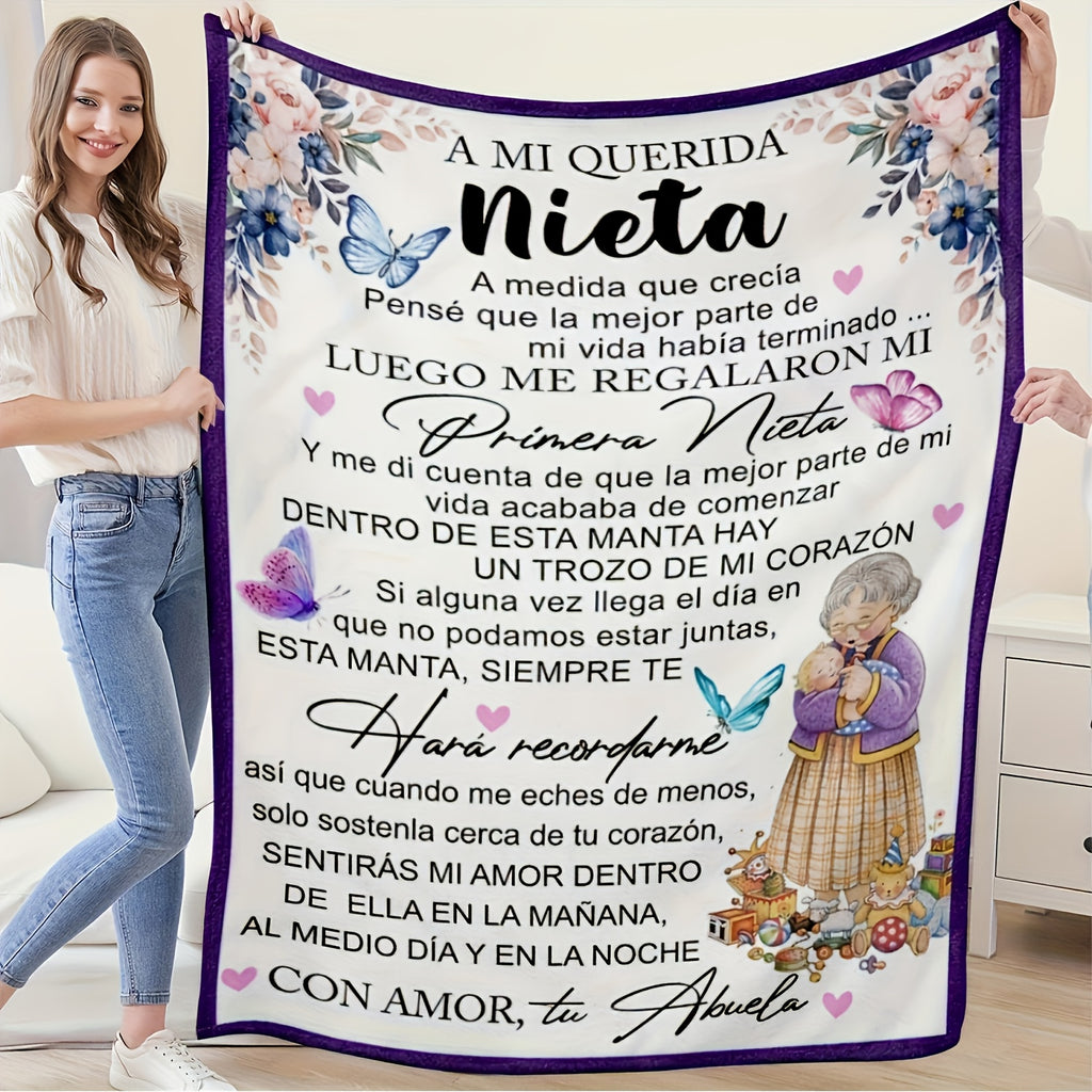1pc of Butterfly Floral Design Spanish Letter Throw Blanket, a Gift Blanket for My Granddaughter from Grandma, Soft And Cozy Flannel Blankets, Lightweight Fuzzy Print Blanket Suitable for Couch, Sofa, Bed, Office, Travel, Camping Chair