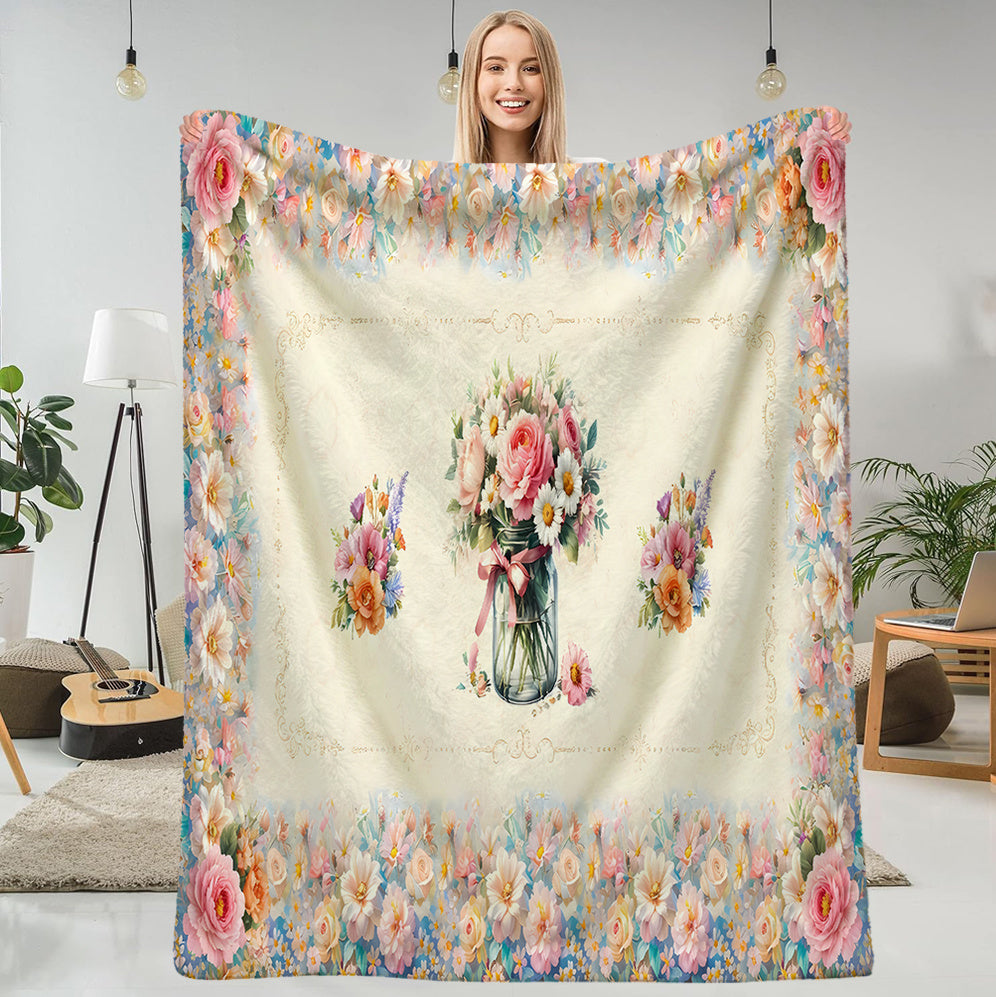 1pc Floral Vase Patterned Blanket, Retro Style Design, Soft Plush Surface, Flannel Material Lightweight And Durable, Multiple Sizes Available, Ideal for Holiday Gifts, Living Room Leisure, Bedroom Warmth, Study Reading, Seasonal Home Decor