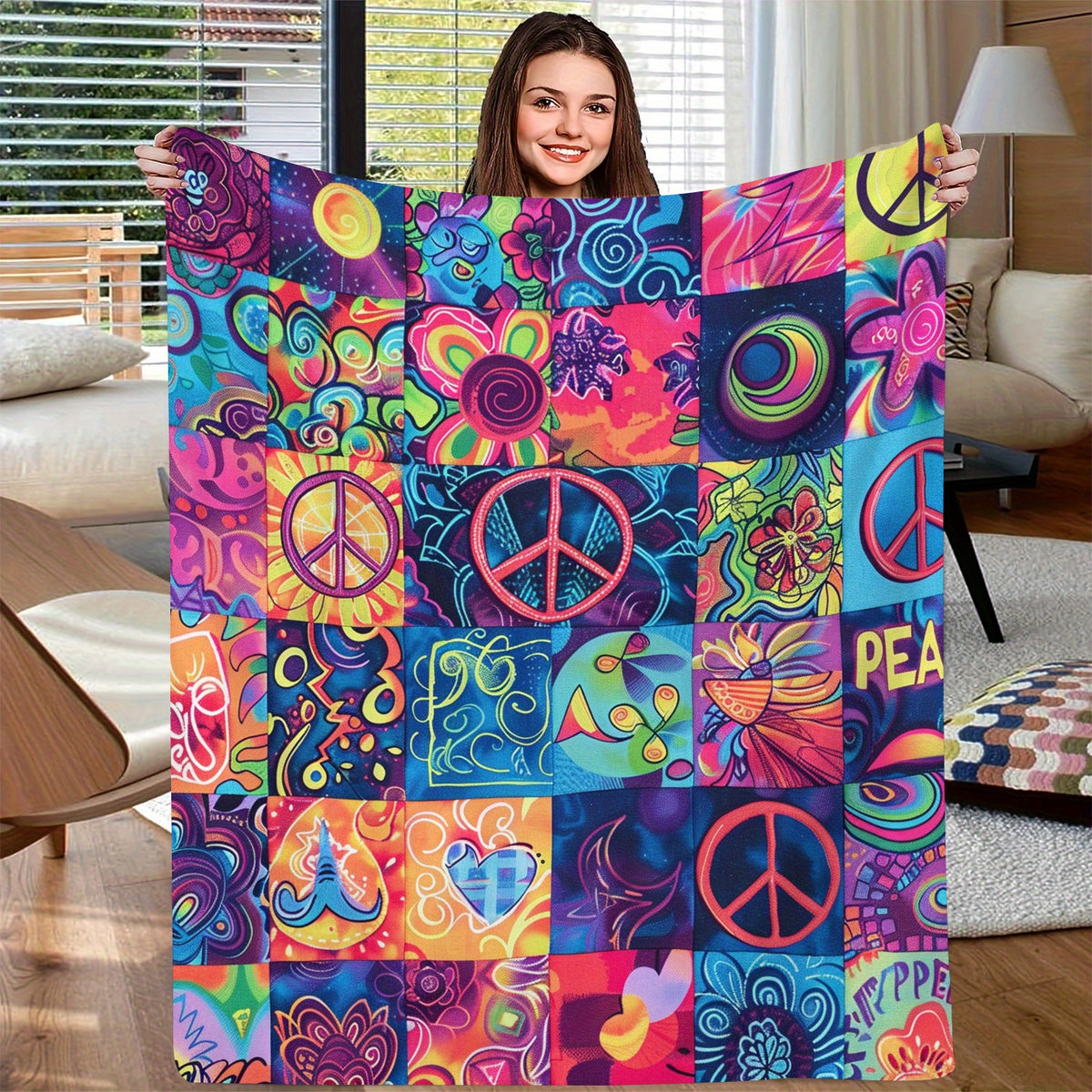 Heavyweight 280Gsm Flannel Throw Blanket Featuring a Soft, Cozy, Vintage 60S/70S Retro Psychedelic Tie-Dye Design in Multiple Colors (Blue, Pink, Green, Yellow, Purple, Red, Black, White) Suitable for Beds And Sofas