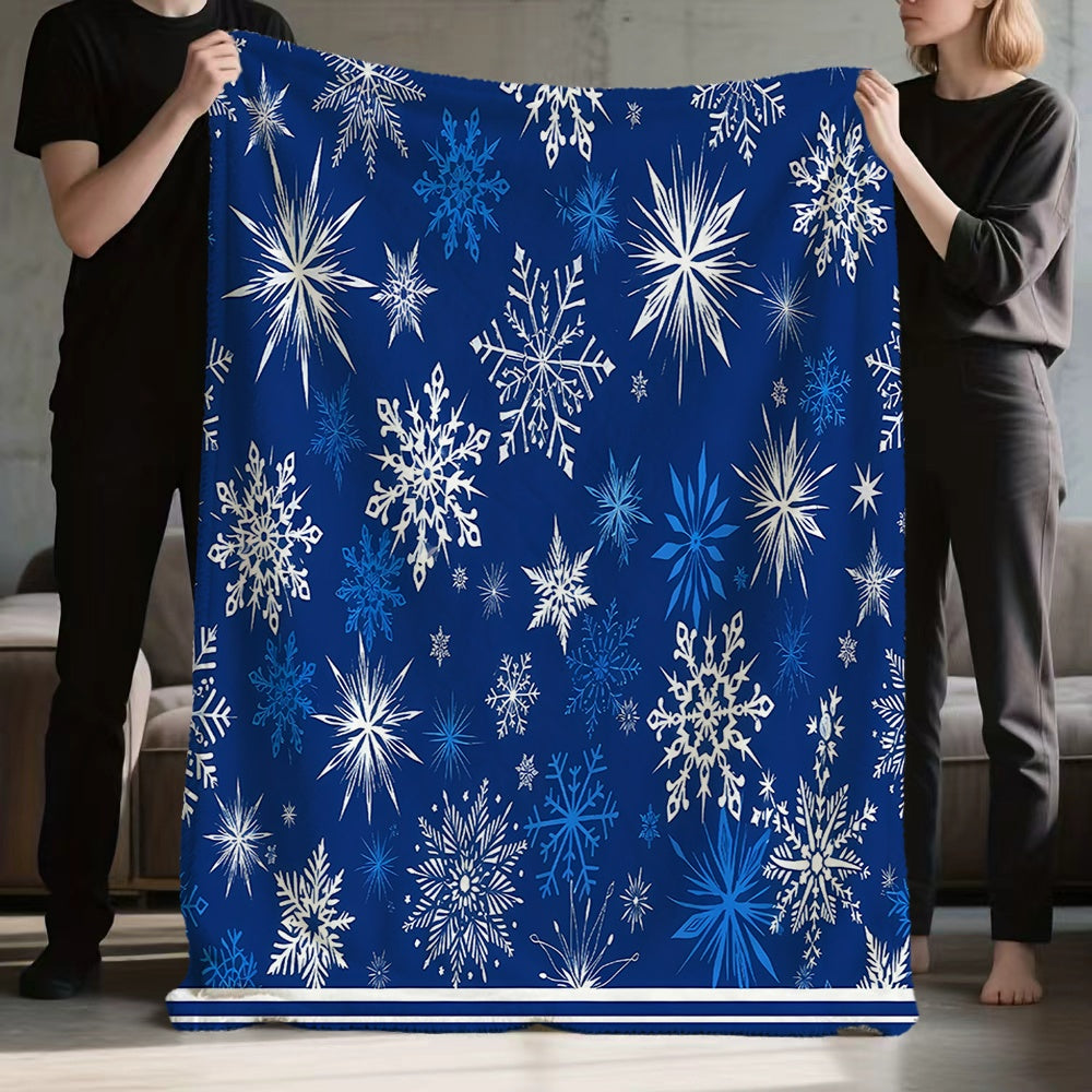 1pc Blue Snowflake-themed Flannel Blanket, Soft, Comfortable, and Warm, with a Dark Blue and White Design. A Four-season Universal Blanket and Warm Throw Blanket, Available in Multiple Sizes. Suitable for Living Room Sofas, Bedroom