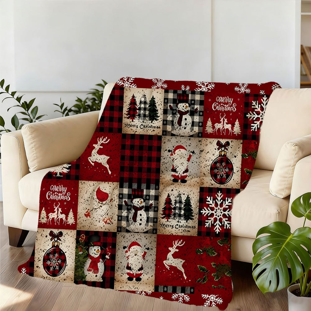 1pc Christmas Snowman And Reindeer Pattern Flannel Blanket, Soft Comfortable Warm, Red And Black Plaid Design, All-Season Blanket, Warm Cover, Multiple Sizes Available, Suitable for Living Room Sofa, Bedroom, Reading Corner, Holiday Decor