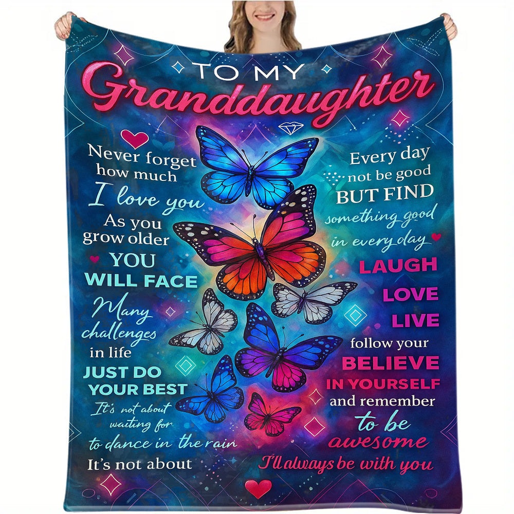 1pc Granddaughter Inspirational Blanket- Soft Flannel Throw with Granddaughter's Name, Birthday/Graduation Gift- Cozy or Travel Companion- Motivational Granddaughter Present for Women- All-Season Keepsake, Butterfly Design