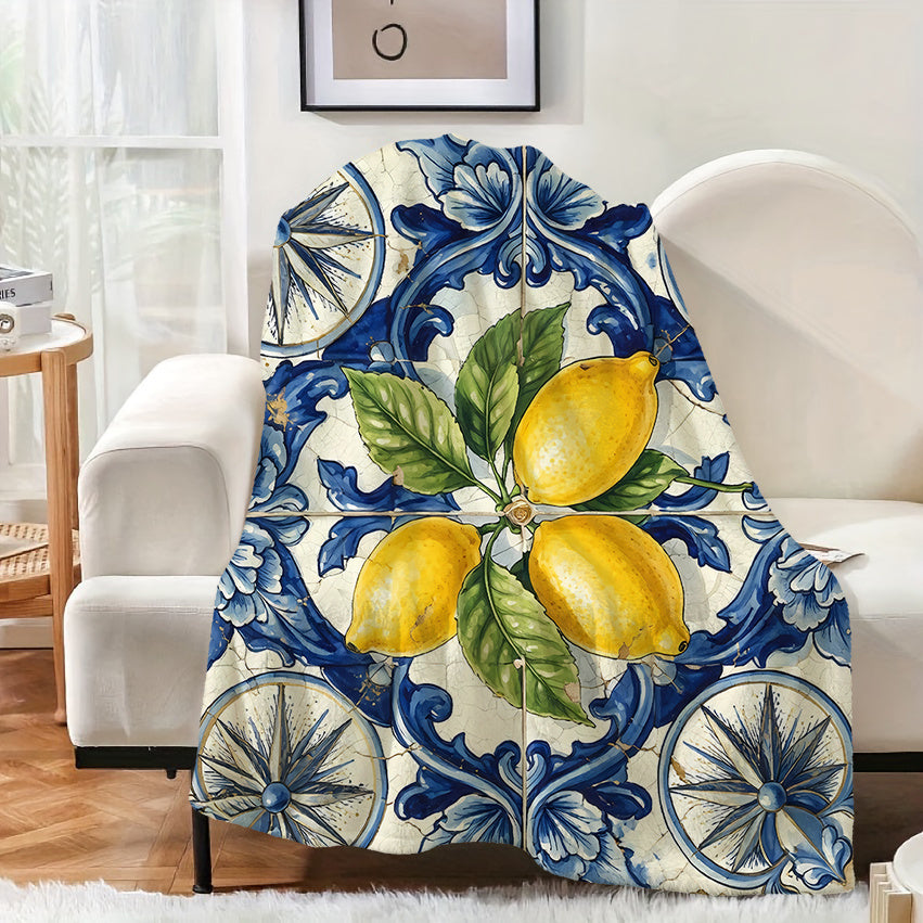 1pc Lemon Floral Pattern Blanket, Mediterranean Style Design, Soft Plush Surface, Lightweight and Durable Flannel Material, Multiple Sizes Available, Perfect for Holiday Gatherings, Living Room Lounging, Bedroom Warmth, Study Reading, Seasonal Home
