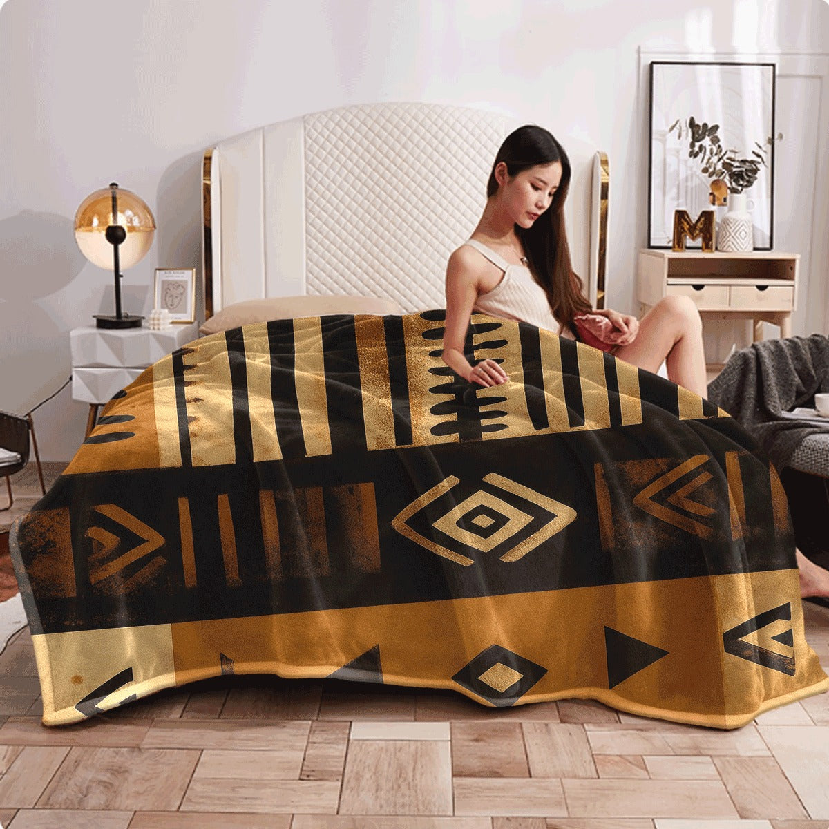 1pc a Blanket Printed on One Side, Inspired by an African Tribe, Showcasing Geometric Designs in Black, Brown, And Beige. Ideal for Camping, Home Use, Dormitories, And Travel, It Is Soft And Warm for Every Season