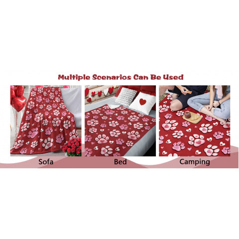 A Flannel Throw Blanket Featuring Paw Prints for Valentine'S Day, in Red And Pink, Perfect As a Romantic Gift for Anniversaries, Weddings, Or Birthdays for Women, Girlfriends, Wives, Or Lovers. This Soft Blanket Is Ideal for Bedding Or The Sofa