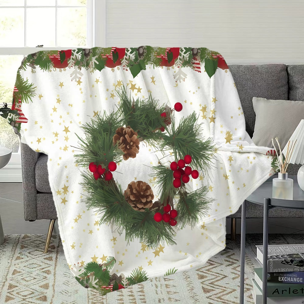 1pc Christmas Wreath And Pinecone Pattern Flannel Blanket, Soft Comfortable Warm, White Background with Golden Stars Design, All-Season Blanket, Warm Cover, Multiple Sizes Available, Suitable for Living Room Sofa, Bedroom, Reading Area