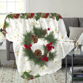 1pc Christmas Wreath And Pinecone Pattern Flannel Blanket, Soft Comfortable Warm, White Background with Golden Stars Design, All-Season Blanket, Warm Cover, Multiple Sizes Available, Suitable for Living Room Sofa, Bedroom, Reading Area