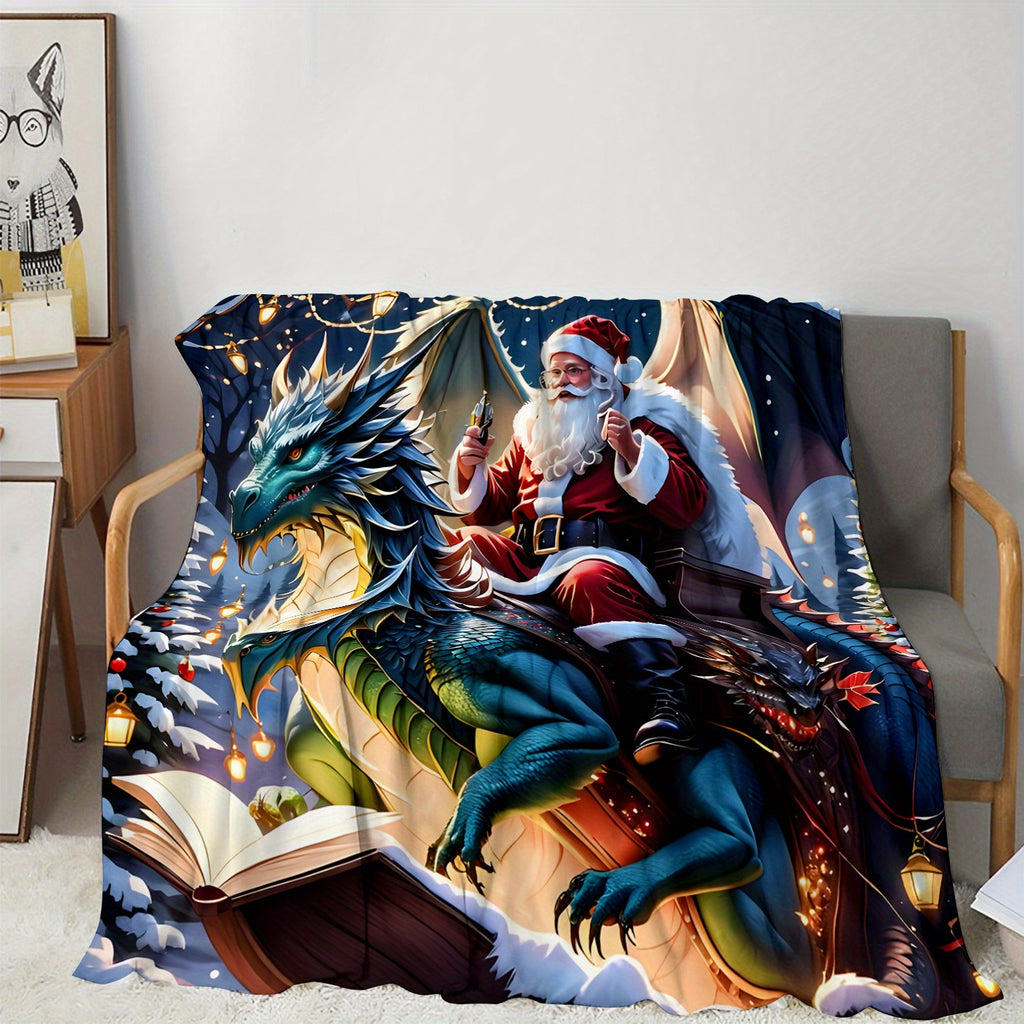 2D Flat Printing, 1pc Flannel Santa Claus Riding Dragon Printed Blanket, Fantasy Dragon And Santa Claus Design - Soft, Warm, And Comfortable, Lightweight And Durable, Multiple Sizes Available, Ideal for Christmas, Living Room Decor, Holiday Parties