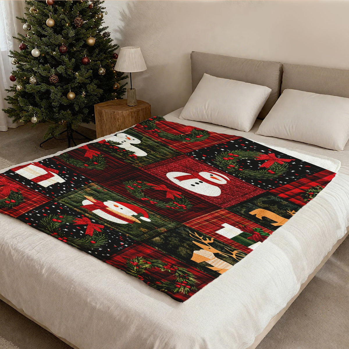1pc Christmas Snowman And Pine Garland Theme Red-Toned Flannel Oversized Blanket, Festive Winter Decor Design, Large Throw Blanket, Durable Plush, All-Season Use, Suitable for Weekend Sofa Naps, Reading Time, Seasonal Home Use