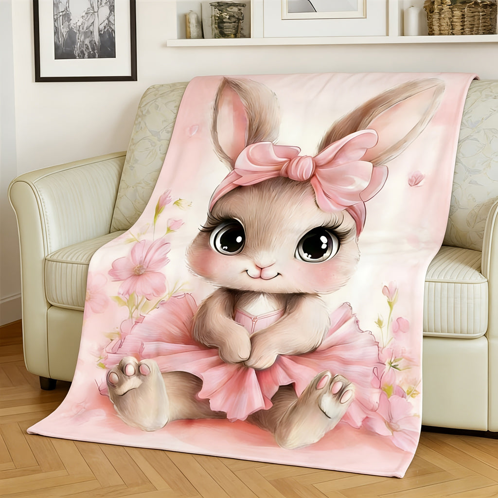 1pc 2D Flat Printing, Cute Rabbit And Flower Blanket, Soft Fleece Blanket - Pink Sweet Design, Multi-Size Available, Suitable for Living Room, Bedroom, Sofa, And Casual Use