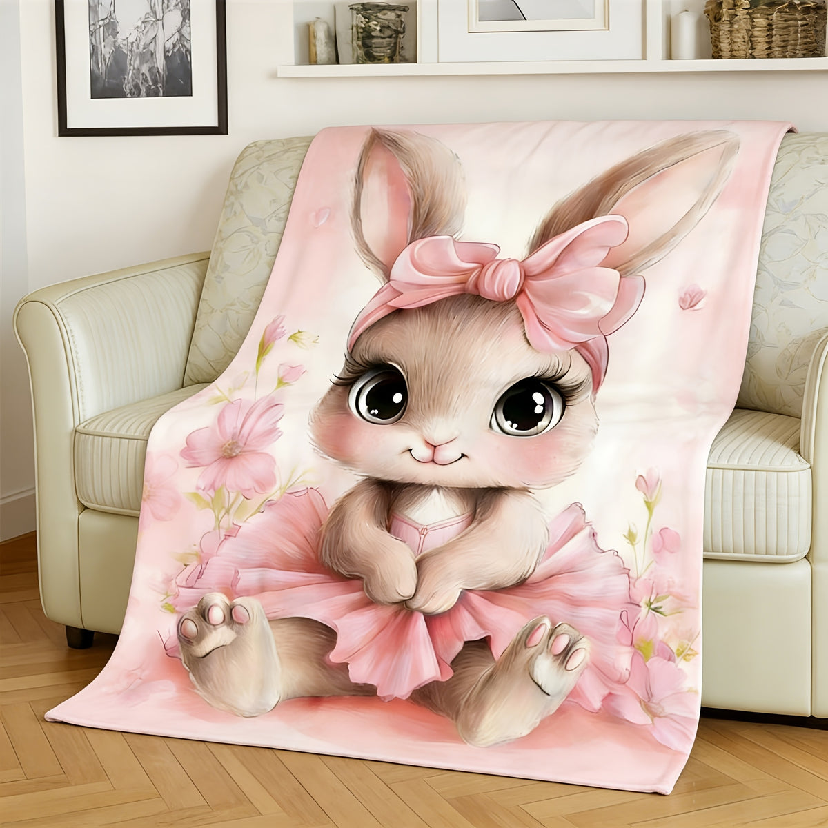 1pc 2D Flat Printing, Cute Rabbit And Flower Blanket, Soft Fleece Blanket - Pink Sweet Design, Multi-Size Available, Suitable for Living Room, Bedroom, Sofa, And Casual Use