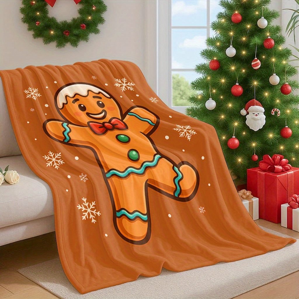 1pc Gingerbread Man Christmas Pattern Print Flannel Blanket, Wholesale Blankets in Large Quantities, Christmas, Winter, Holiday Gift Blankets, Soft Warm Memorial Blankets, Unforgettable Moments, Camping, Travel, Car, Office Blankets