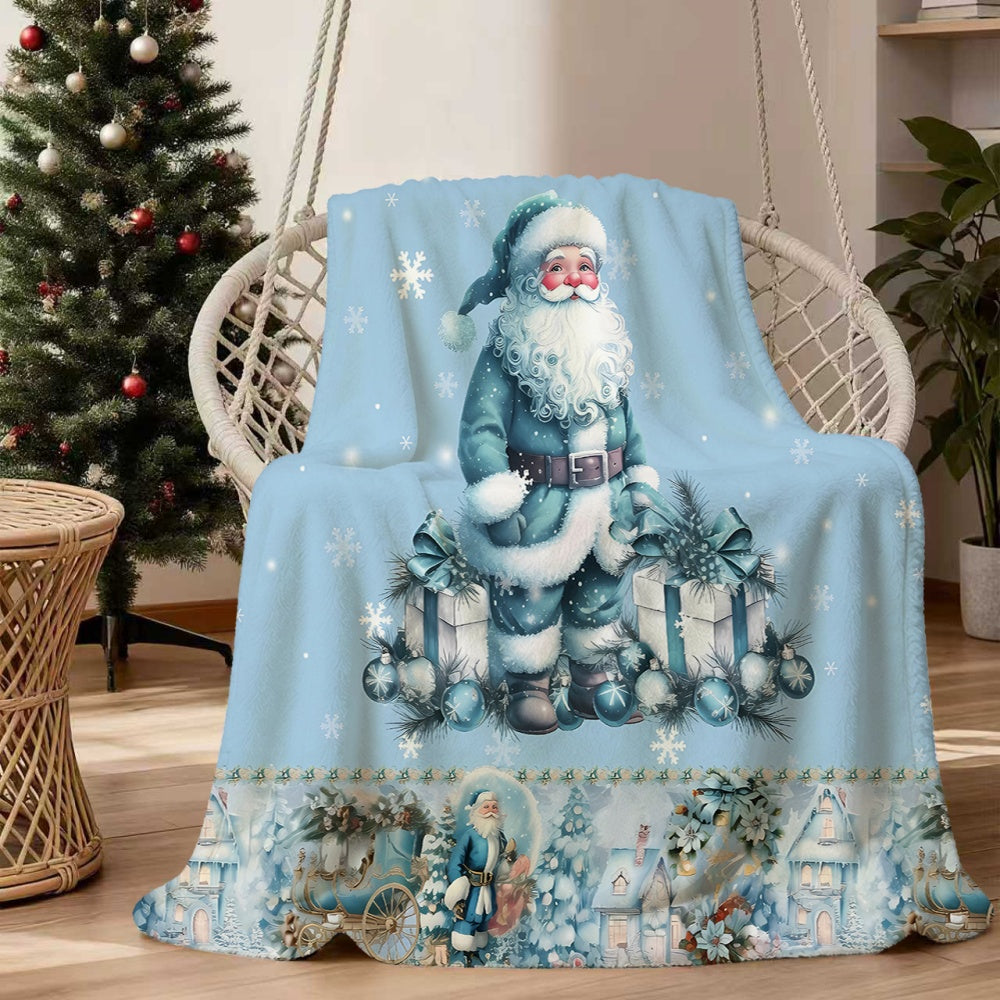 1pc Santa Claus And Gift Box Pattern Blue Flannel Blanket, Soft Comfortable Warm, Winter Design, All-Season Blanket, Warm Cover, Multiple Sizes Available, Suitable for Living Room Sofa, Bedroom, Reading Area, Rest Area, And Holiday Decor