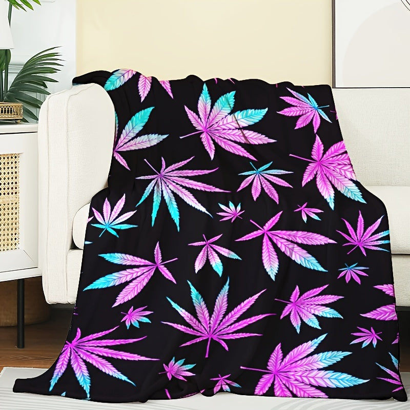 1pc Flannel Blanket with Leaf Pattern | Soft Four Seasons Shawl, Black and Purple, Modern Home Decoration, Fashion Room Decoration, Birthday Gift Christmas Halloween Thanksgiving Gift