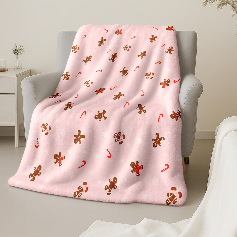 Pink Christmas Blanket with Gingerbread And Candy Cane Design, Warm And Cozy Flannel Blanket, Bed Blanket, Suitable for Home Leisure, Office, And S, Easy to Clean, Machine Washable