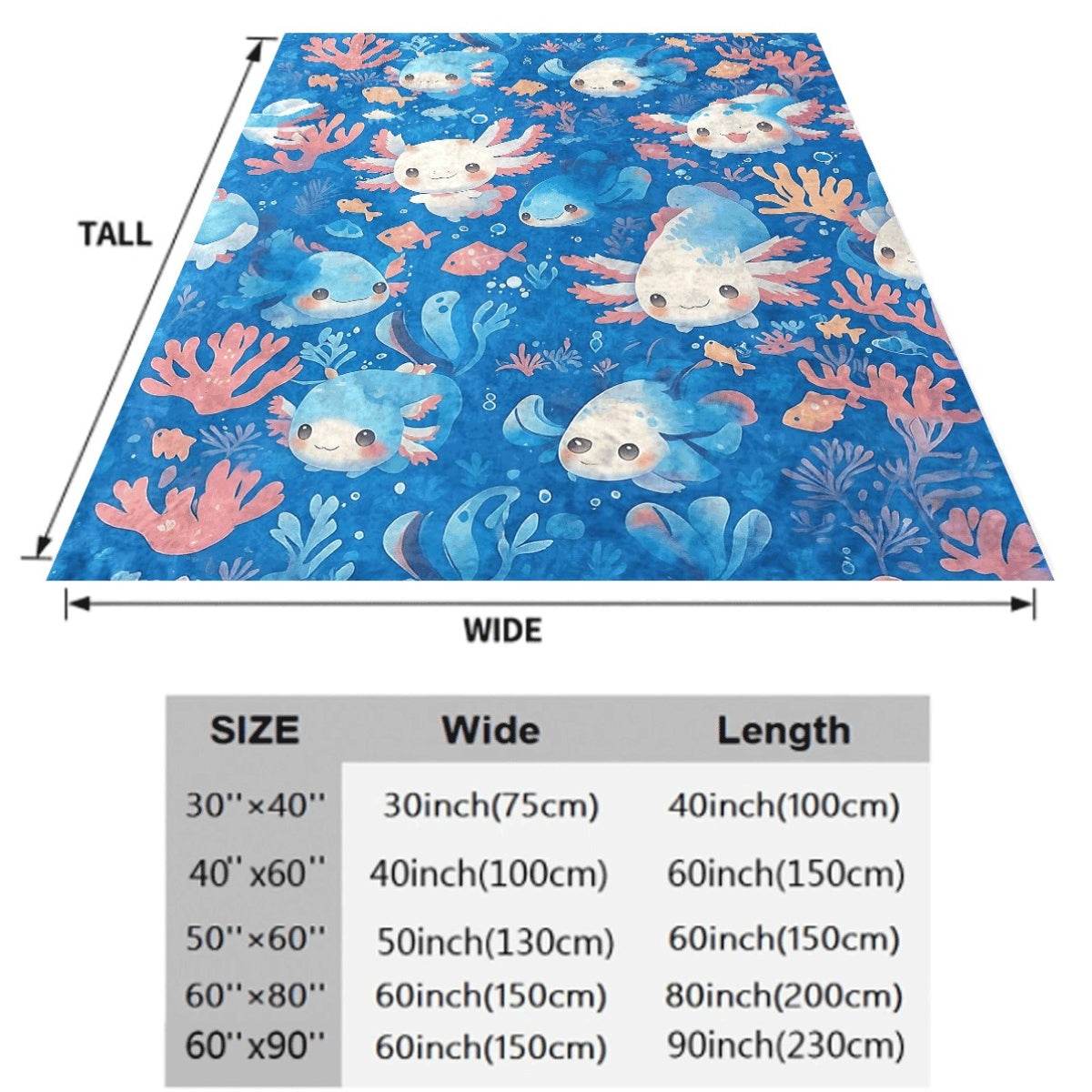 One Cute Axolotl-Themed Flannel Blanket in Blue, Featuring Adorable Axolotls And Coral. This Soft Throw Is Made from Cozy Fabric Suitable for Any Season, Ideal for Animal Enthusiasts