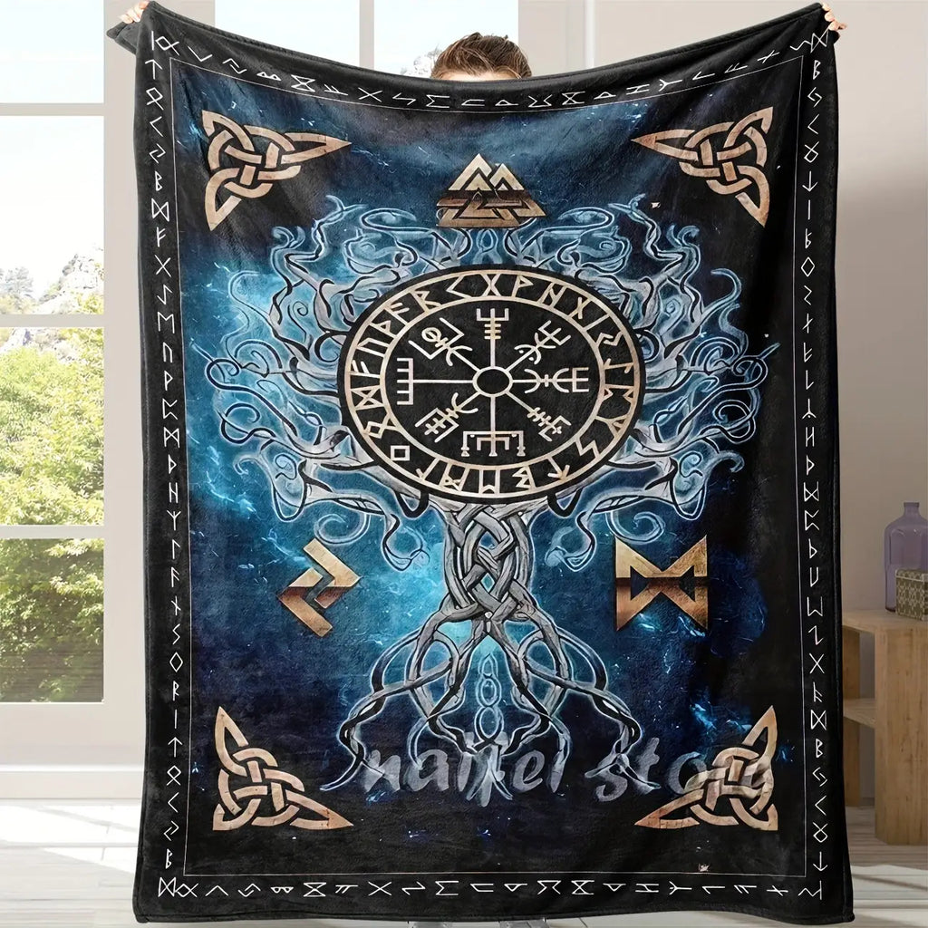 Cozy Viking Norse Flannel Throw Blanket - Celtic Knot & Rune Symbols with Odin's Rune Staff & Valknut - All-Season Soft for Couch,, Travel - Viking-Inspired Gift for & ( Mythology Design)