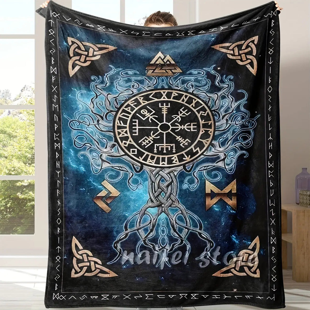 Cozy Viking Norse Flannel Throw Blanket - Celtic Knot & Rune Symbols with Odin's Rune Staff & Valknut - All-Season Soft for Couch,, Travel - Viking-Inspired Gift for & ( Mythology Design)
