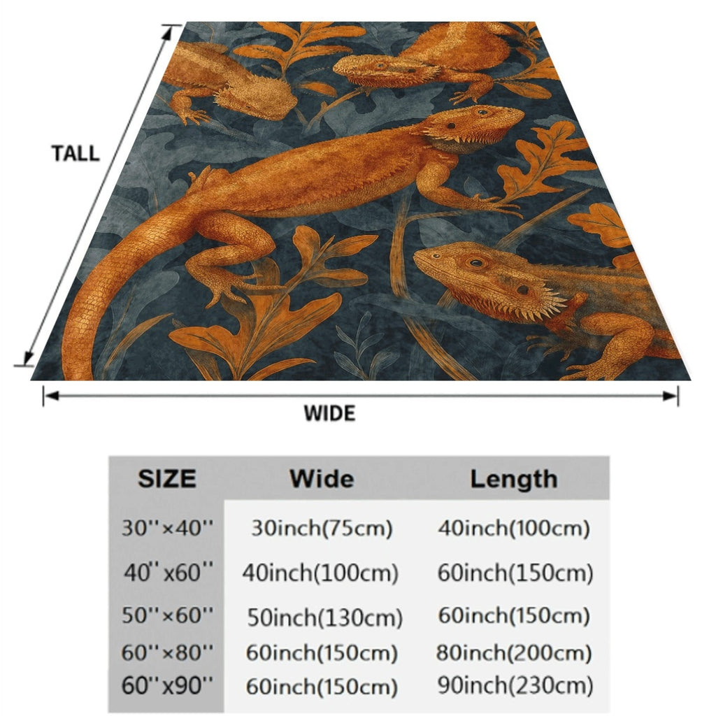 1pc Flannel Blanket with Warm Orange Bearded Dragons And Leafy Patterns Dark Blue Background Soft Cozy Fabric for Home Decor Couch Sofa All-Season Comfortable Throw