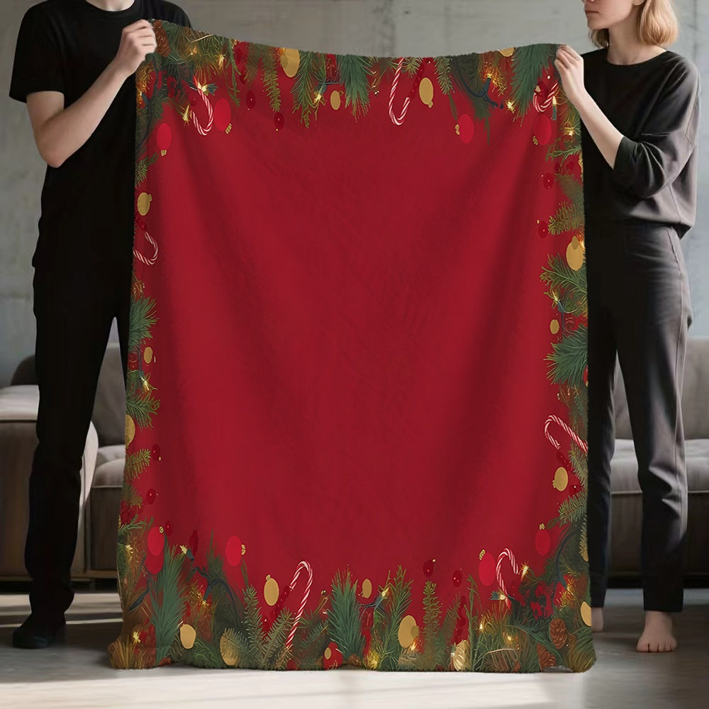 1pc Christmas Holiday Pine Branch Candy Pattern Red Flannel Blanket, Soft Comfortable Warm, Main Color Red Design, All-Season Blanket, Warm Cover, Multiple Sizes Available, Suitable for Living Room Sofa, Bedroom, Casual Reading