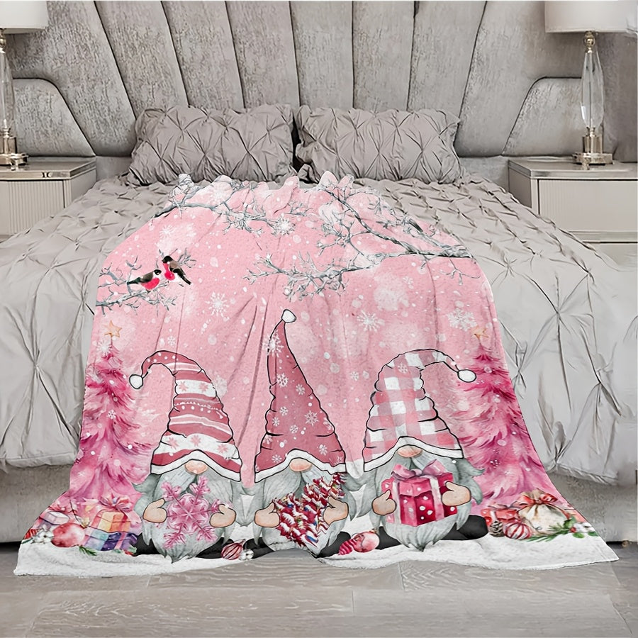 Pink Christmas Flannel Blanket with Snowflake, Branch, Bird, and Gnome, Pink Christmas Tree, Winter Snowflake Gradient, Warm and Cozy, for Travel, Camping, Sofa, Chair, Home Bed, Christmas Decoration