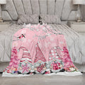 Pink Christmas Flannel Blanket with Snowflake, Branch, Bird, and Gnome, Pink Christmas Tree, Winter Snowflake Gradient, Warm and Cozy, for Travel, Camping, Sofa, Chair, Home Bed, Christmas Decoration