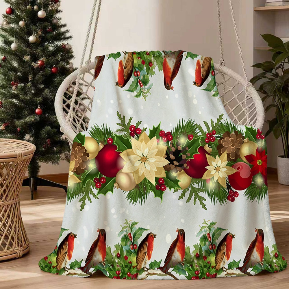 1pc Christmas Red Bird and Wreath Pattern Flannel Blanket, Soft, Comfortable, and Warm, with a White Base and Festive Design. A Four-season Universal Sofa Throw and Warm Cover Blanket, Available in Multiple Sizes. Suitable for Living Room Sofas