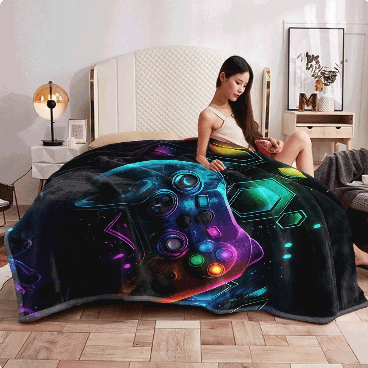 1pc Gaming Controller Design Throw Blanket High-Gsm Flannel Vibrant Neon Geometric Patterns All-Season Soft Durable Hand Wash solely for Gamers Living Room Home Decor Gamer Blanket Hi