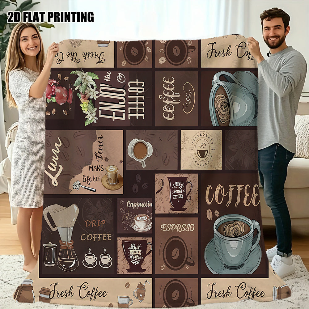 1pc Coffee Cup Patterned Blanket, Retro Style Design, Soft Plush Surface, Flannel Material Lightweight And Durable, Multiple Sizes Available, Ideal for Holiday Gatherings, Living Room Leisure, Bedroom Sleep, Study Reading, Seasonal Home Decor