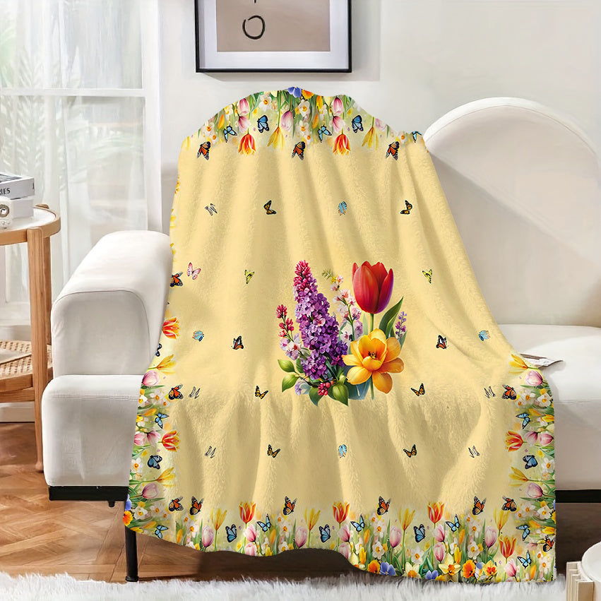 1pc Floral Butterfly Patterned Blanket, Spring Style Design, Soft Plush Surface, Flannel Material Lightweight And Durable, Multiple Sizes Available, Ideal for Holiday Gatherings, Living Room Leisure, Bedroom Sleep, Study Reading, Seasonal Home Decor