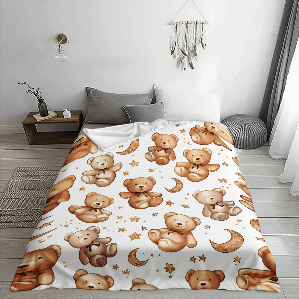 Cute Teddy Bear And Moon Patterned Blanket, Soft And Comfortable Sofa Bed Cover, Warm And Cozy Home Decor Gift, Multi-Purpose Warm Plush Blanket