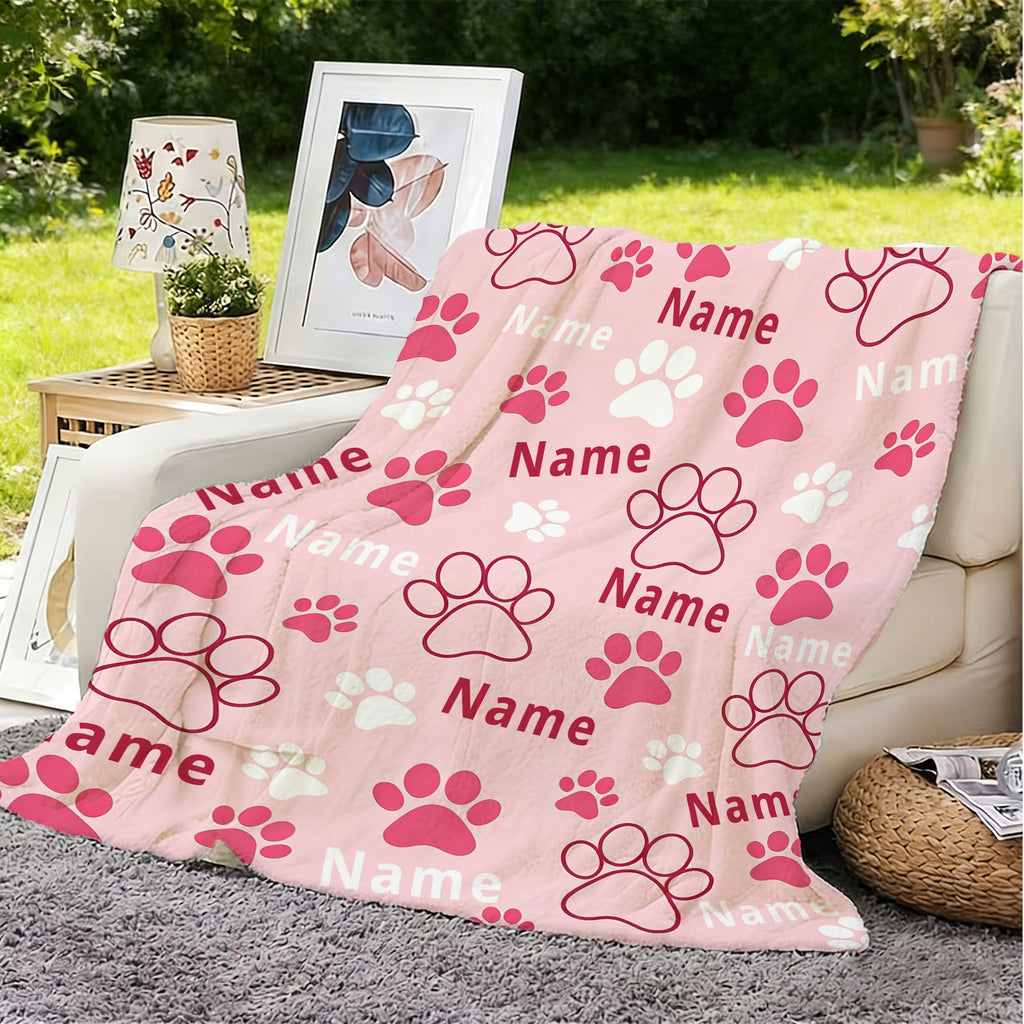 Personalized Custom Name Blanket, Dog Paw Flannel Blanket, Plush Blanket Gift for Outdoor Enthusiasts, All-Season Gift Blanket Suitable for Home and Travel, Comfortable Personalized Blanket, Holiday Gift for Family and Friends