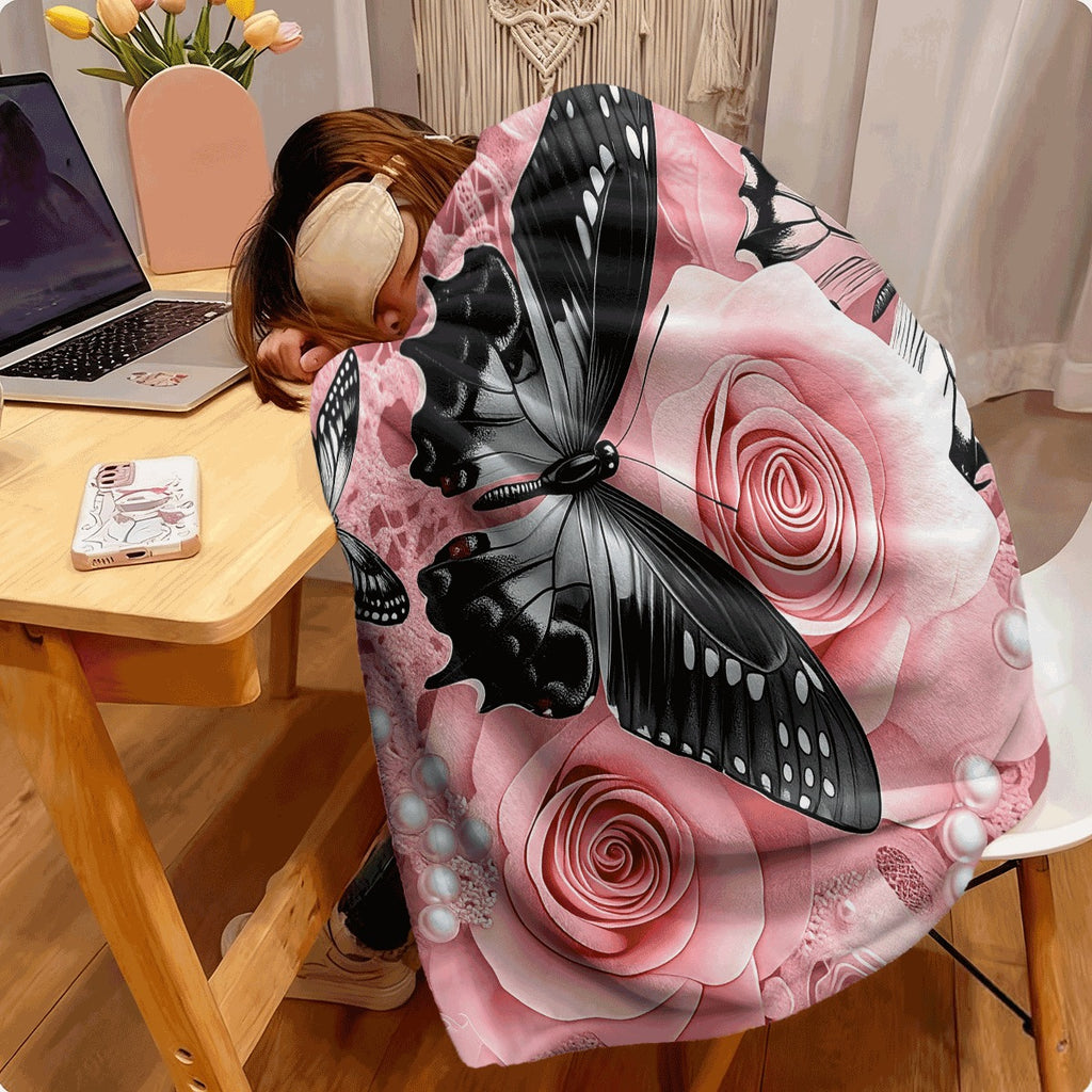 1pc One Comfortable And Beautiful Pink Rose Butterfly Romantic And Elegant Theme Pattern Flannel Blanket, Fashionable, Soft, Warm, All-Season Multifunctional Gift Print Blanket Perfect for Sofa, Bed