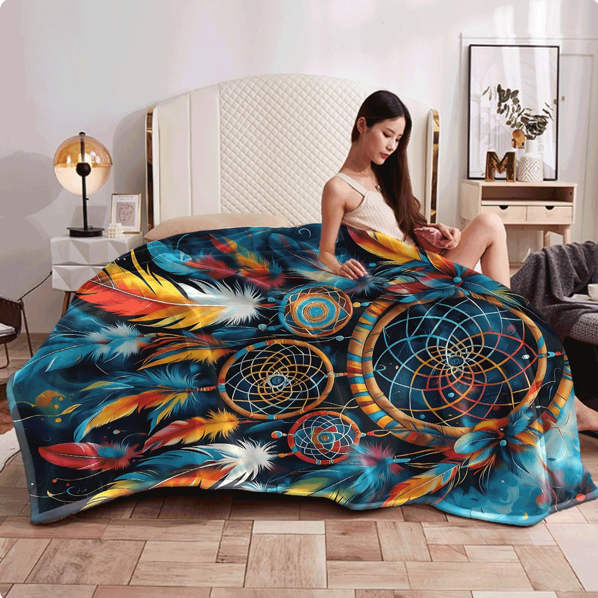 1pc Vibrant Dreamcatcher Flannel Blanket Colorful Feathers Retro Tribal Wind Catcher Design Soft Cozy All-Season Throw Blanket for Couch Sofa Spread Room Decoration