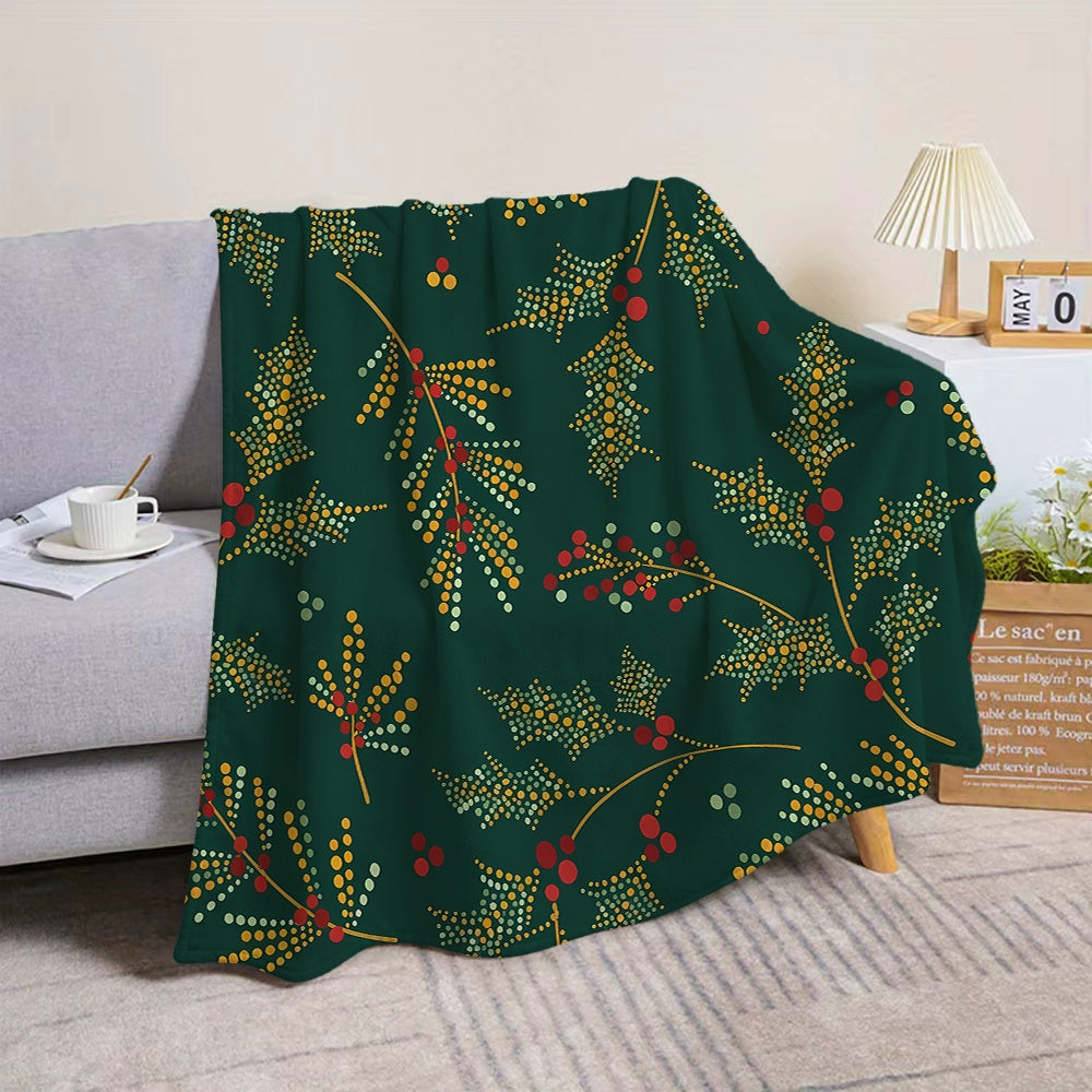 1pc Christmas Green Leaf Red Berry Polka Dot Pattern Flannel Blanket, Soft Comfortable Warm, Deep Green Design, All-Season Sofa Blanket, Warm Cover, Multiple Sizes Available, Suitable for Living Room Sofa, Bedroom, Casual Reading, Home Office