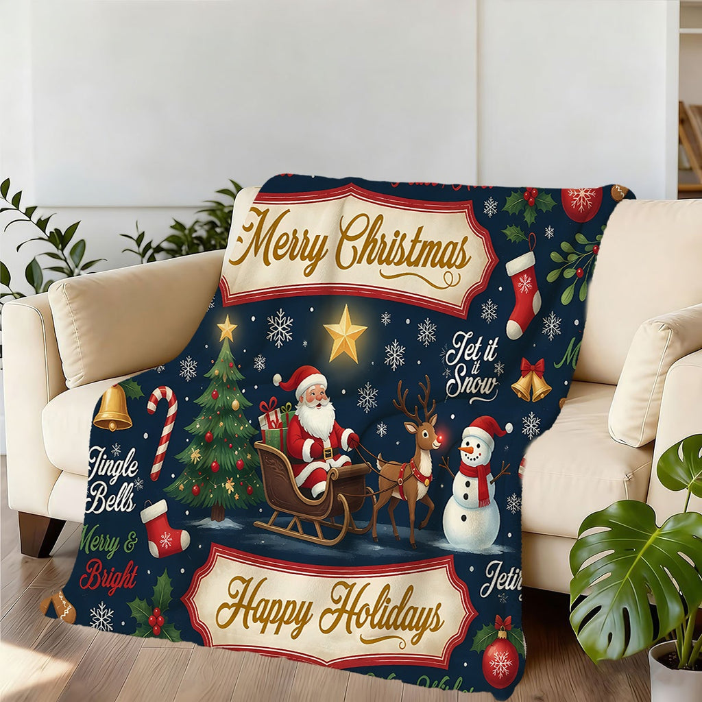 1pc, Santa Claus Sleigh and Reindeer Themed Dark Blue Flannel Blanket, Soft, Comfortable, and Warm, Festive Design, Durable Plush Surface, All-Season Universal Sofa Blanket, Warm Throw Blanket, Multiple Sizes Available, Suitable for Living Room