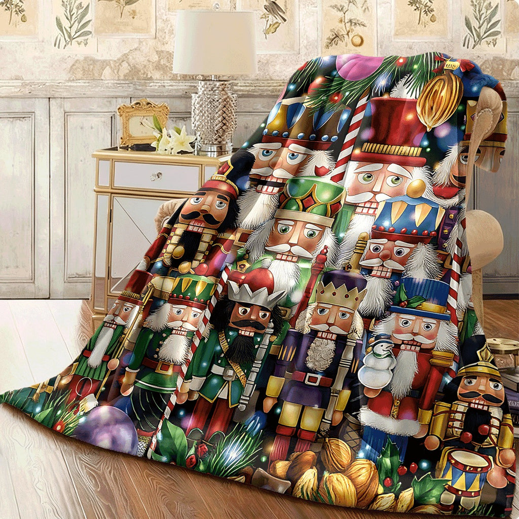 1pc Christmas Nutcracker Flannel Blanket Festive Colorful Nutcracker Toys & Holiday Ornaments Print Cozy Warm Flannel Throw for Couch Perfect Christmas Home Decor & Gift