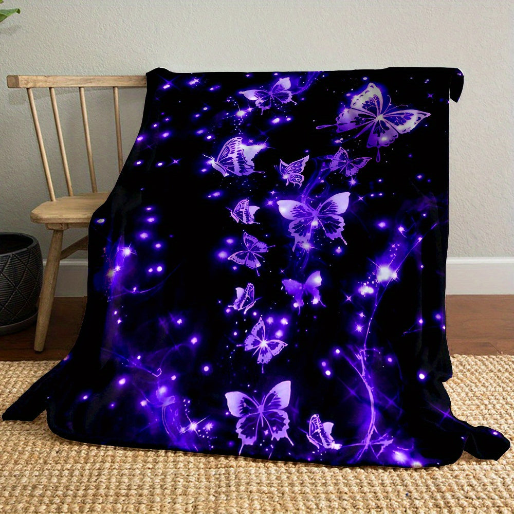 Glow-in-the-Dark Purple Butterfly Flannel Blanket - UV Glow Bedspread Suitable for Bed, Couch, Dorm - 280gsm All-Season Soft Throw with & Purple Glow Under Blacklight, Nighttime Comforter