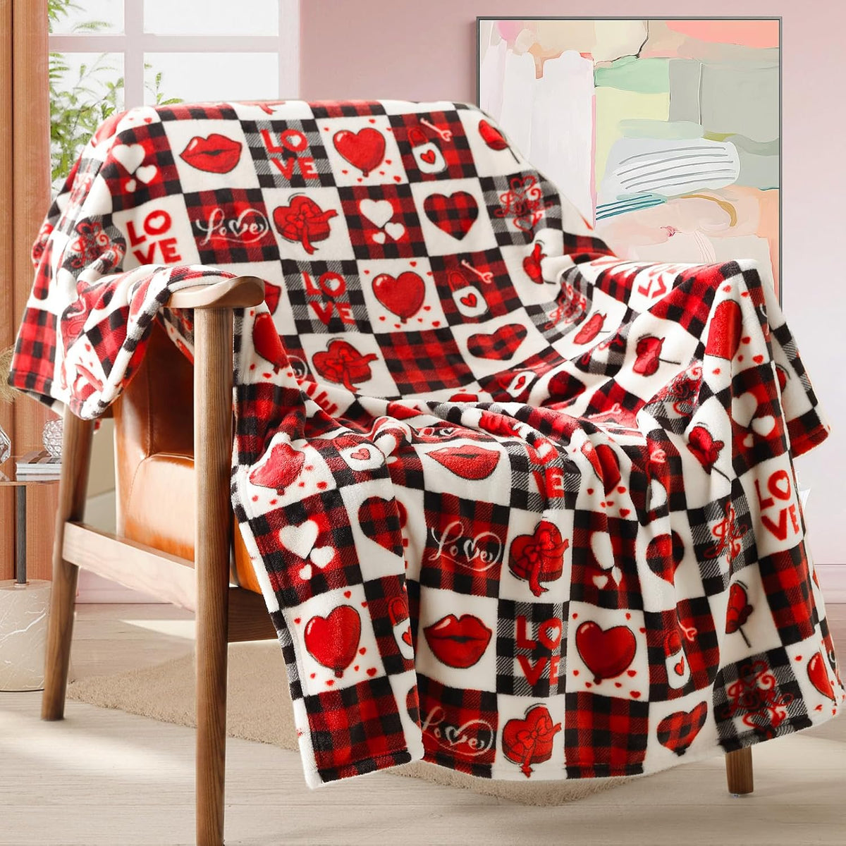 Valentine's Day Gift Blanket for Mom, Wife- Red Pattern Throw for Couch, Sofa or Bed- Decorative Plaid Luxury Flannel Lap Blanket- Super Cozy Comfy