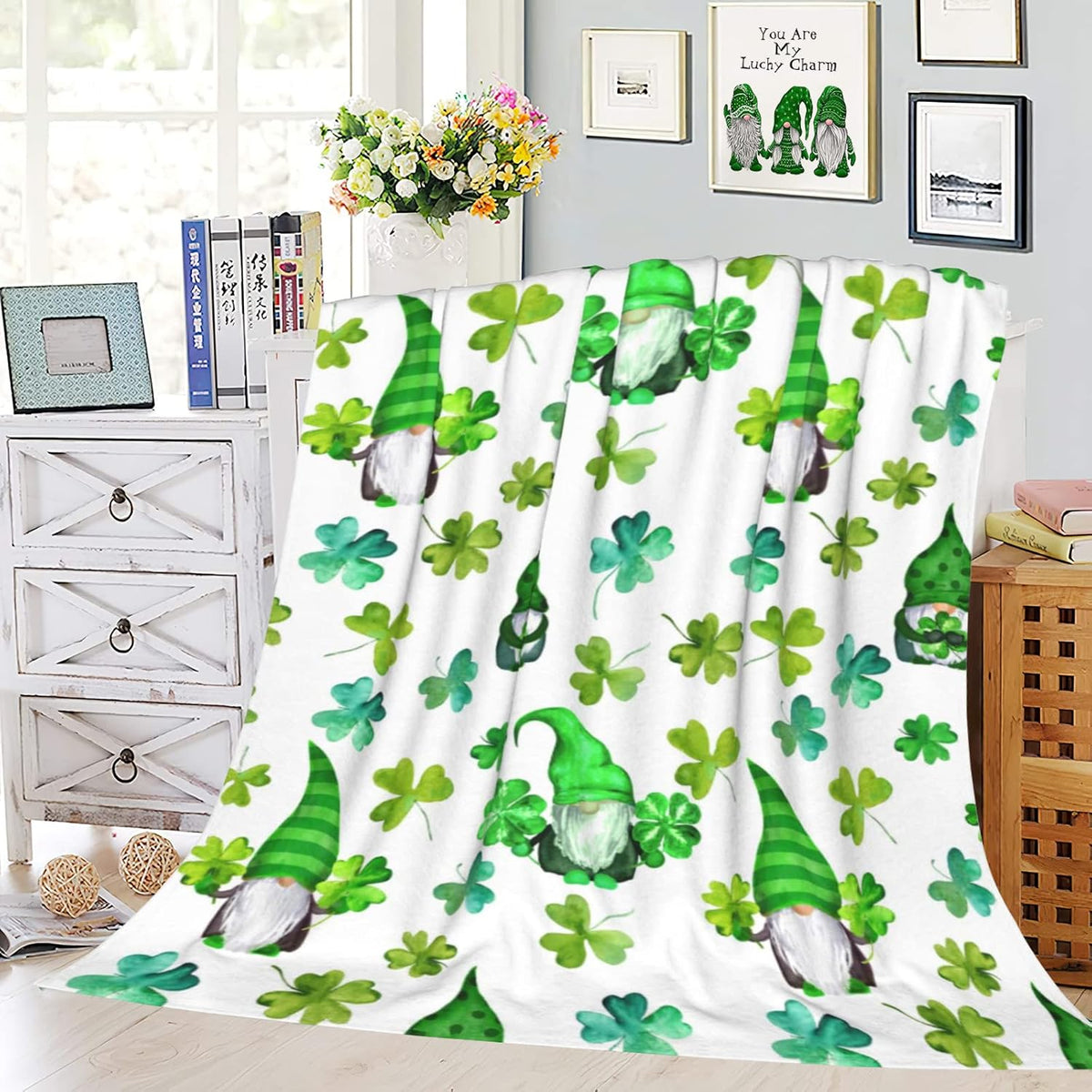 Jbralid St. Patrick'S Day Clover Gnome Throw Blanket in Green, Featuring a Soft, Lightweight, And Durable Flannel Design, Perfect for Decorating Your Sofa, Couch, Or Bedroom. Measures 40X50 Inches
