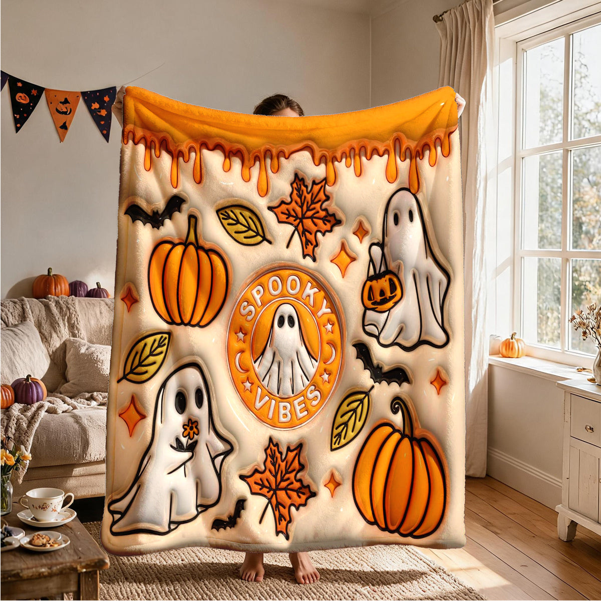 1pc 3D Embossed Ghost Pumpkin Maple Leaf Halloween Theme Flannel Blanket - Large Size, Soft, Lightweight, And Warm, Suitable for All Seasons - Perfect for Bed, Sofa, Office, Camping, And Travel - Ideal Choice for Blankets, Perfect Gift for Family