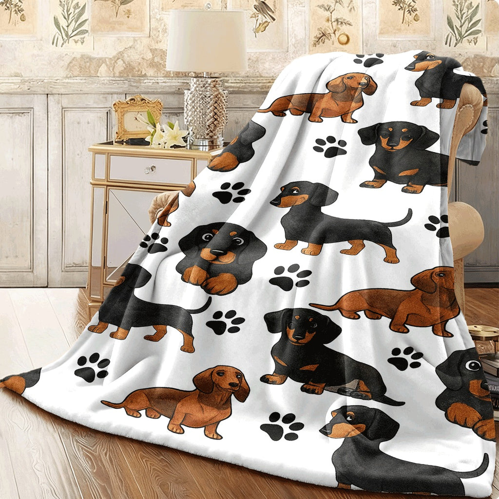 1pc Cute Dachshund And Paw Print Flannel Blanket Soft Watercolor Pet Dog Pattern Throw for Sofa Cozy Warm Plush All-Season Fleece Blanket Decor