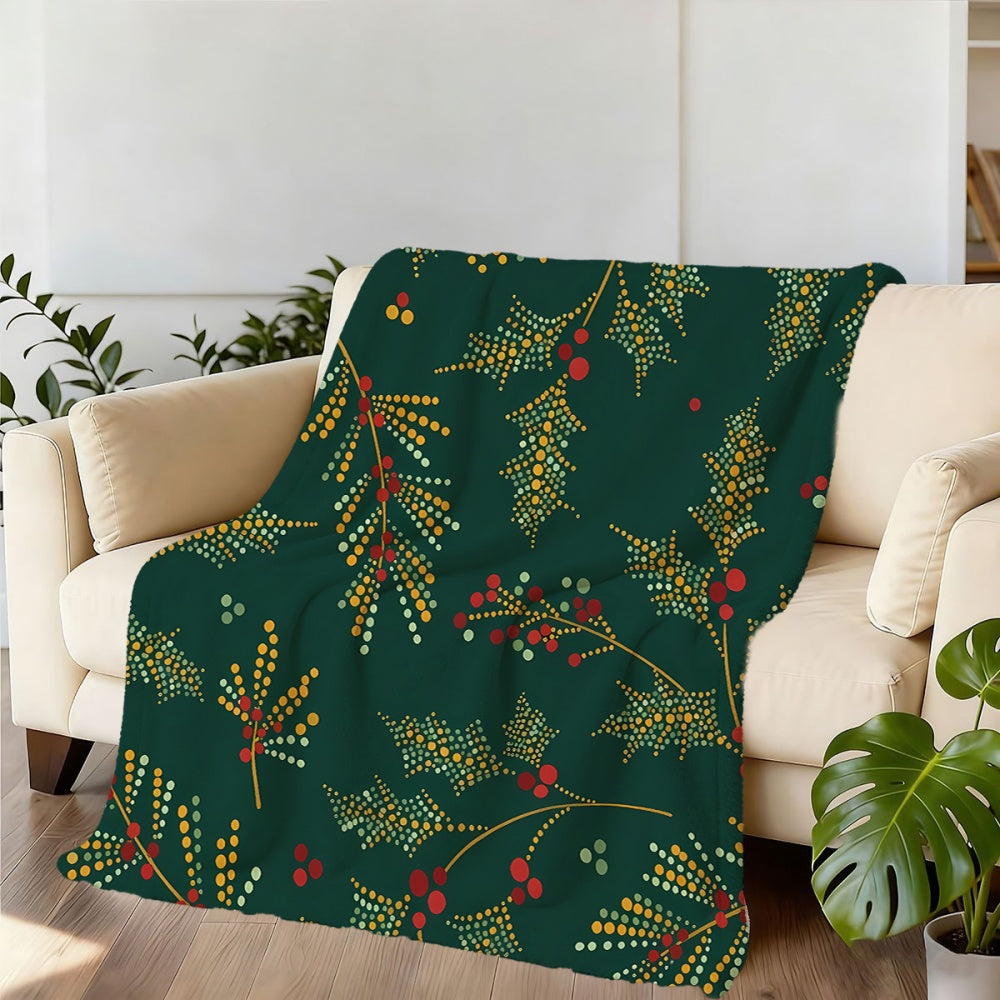 1pc Christmas Green Leaf Red Berry Polka Dot Pattern Flannel Blanket, Soft Comfortable Warm, Deep Green Design, All-Season Sofa Blanket, Warm Cover, Multiple Sizes Available, Suitable for Living Room Sofa, Bedroom, Casual Reading, Home Office