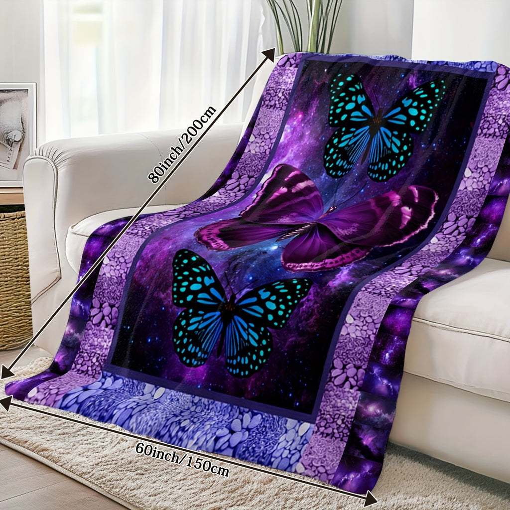 Purple Butterfly Flannel Blanket- Modern Style Reversible Digital Print Animal Theme, Suitable for All Seasons, Multifunctional Microfiber Bedding, Machine Washable- Moon Palace
